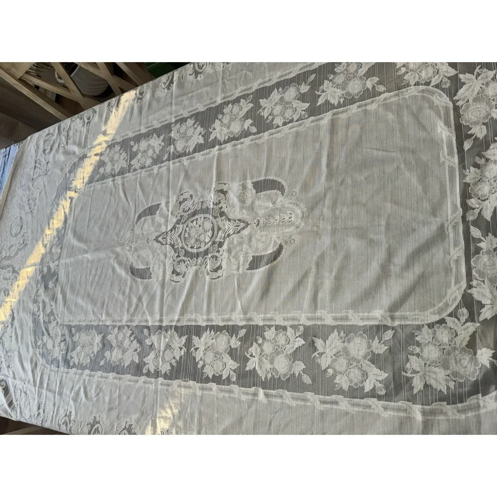 Vintage Long Tablecloth Swan & Floral Motif Rounded Ends tablescape dinner party
